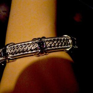 JUDITH RIPKA STERLING SILVER AMETHYST HINGED CABLE CUFF BRACELET